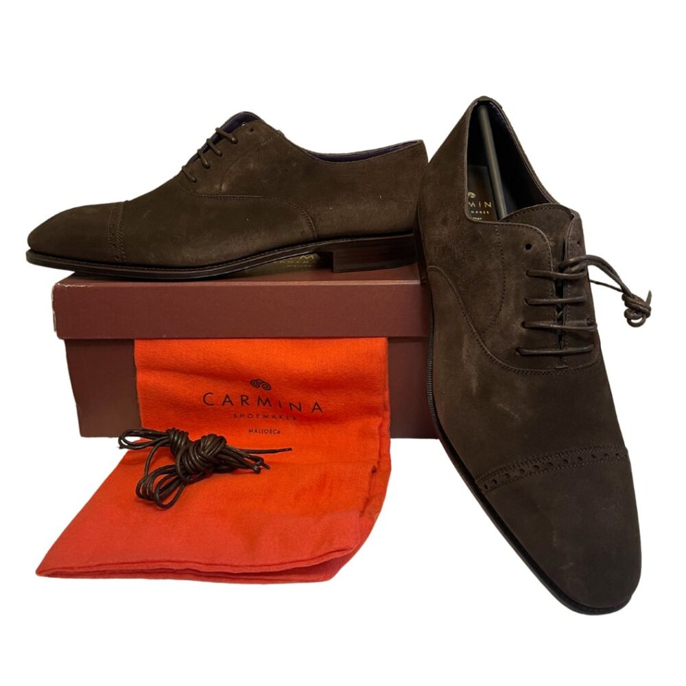 Carmina Shoemakers, Suede Cap Toe Oxfords, Marron Size 10 1/2